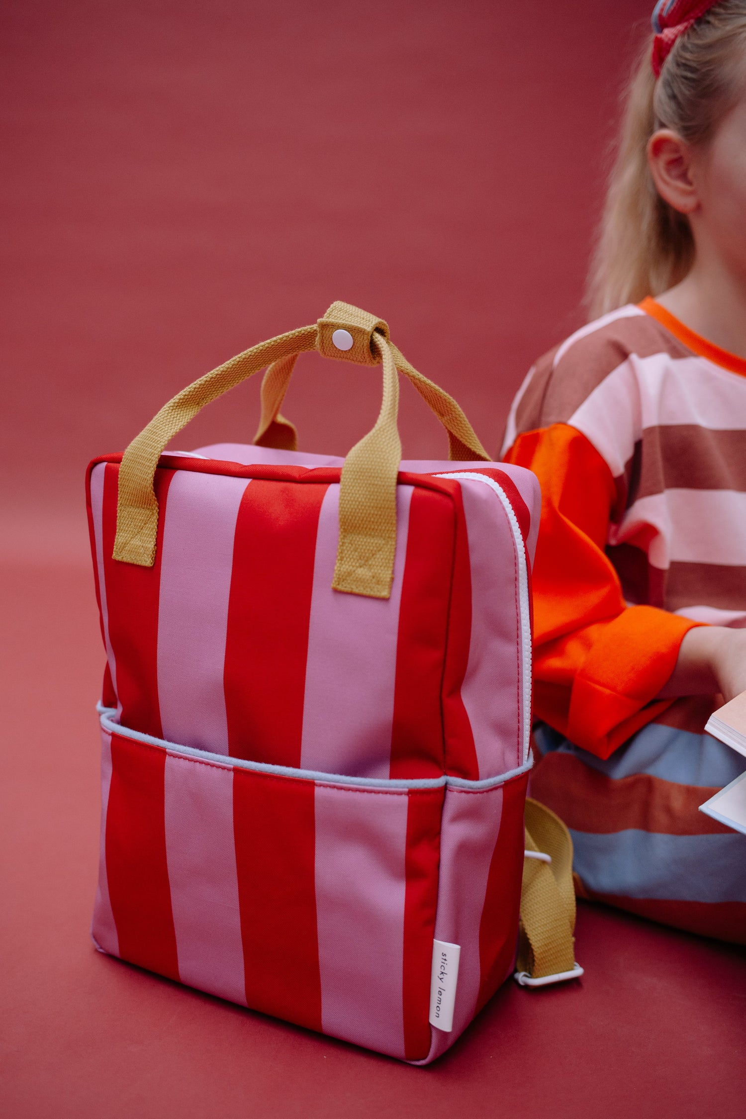 BACKPACK MEDIUM - STRIPES | RED APPLE + ROSEBAY PINK